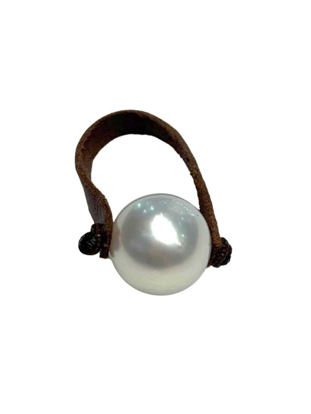 Ring with single 12 mm white Australian pearl set on rolled leather band.