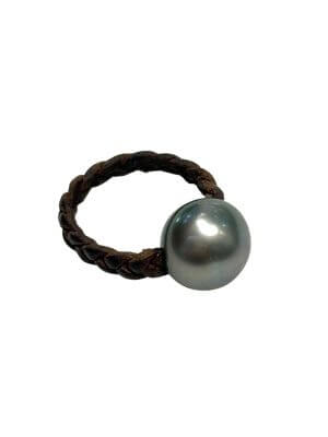 Braided leather ring with a single 12 mm Tahitian pearl centerpiece.