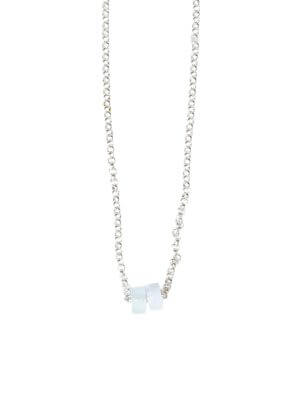 „Timeless 925 sterling silver necklace, 48 cm length, adjustable to 46 cm and 44 cm, with two crystal donut pendants in aquamarine and chalcedony; handcrafted from recycled materials, symbolizing calm, courage, openness, and emotional balance.“