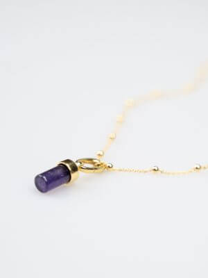Gold-plated sterling silver ball chain necklace with amethyst charm, handcrafted from recycled materials, symbolizing intuition and spiritual growth.