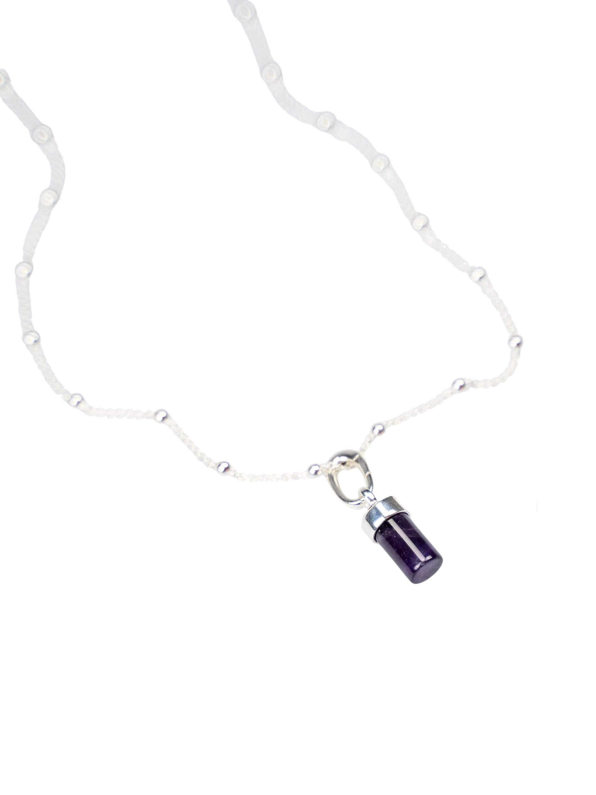 „Delicate silver ball chain necklace, 42 cm length with two additional adjustment options at 40 cm and 38 cm, featuring a radiant amethyst charm; handcrafted from recycled 925 sterling silver, symbolizing intuition, clarity, and spiritual growth.“